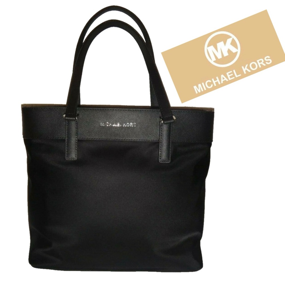 MICHAEL KORS 
Morgan MK MD Tote Bag Black Nylon Saffiano Leather 38S9YOGT2C